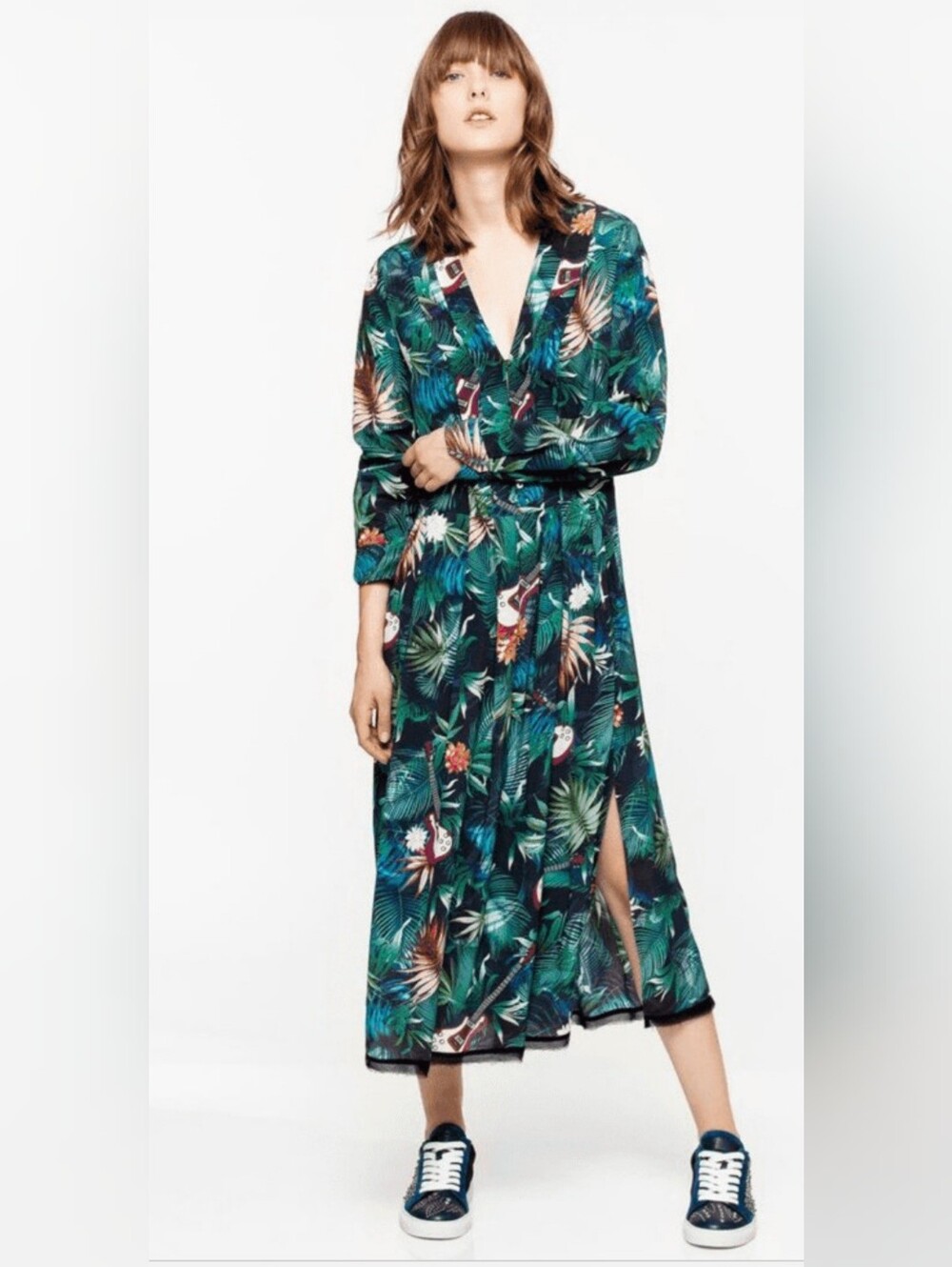 Zadig & Voltaire Paris Dress, Size XS Midi, Pleats Jungle Print, Green